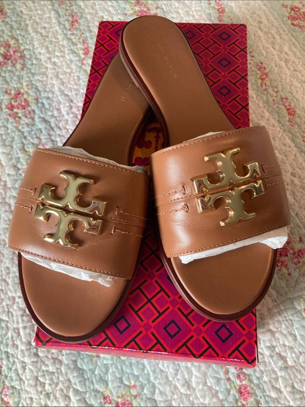 Tory Burch Cognac Leather Slide Sandals with Gold Logo